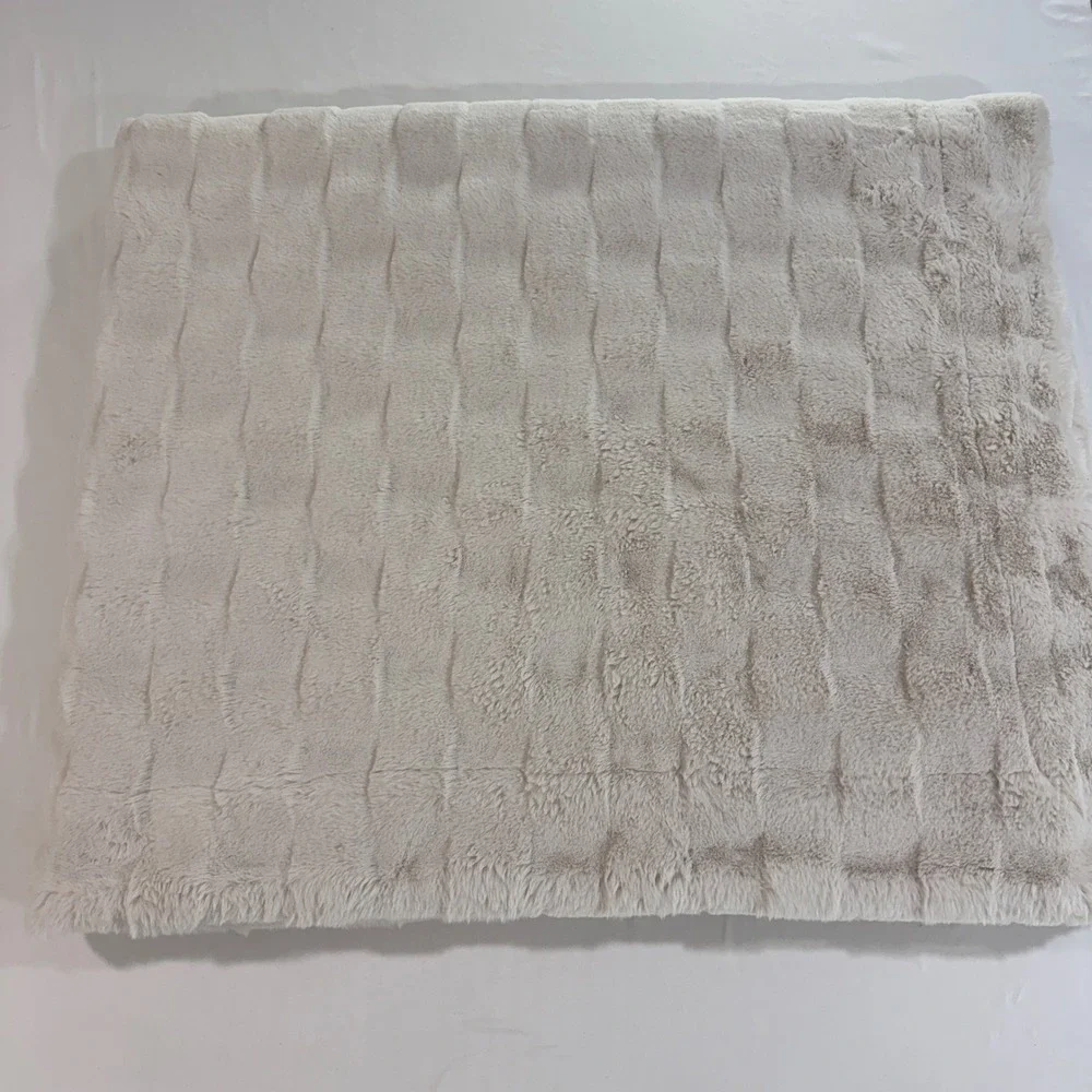 Minky Couture Urban Cream Faux Fur Throw Blanket Large 60x72 Plush Square Grid